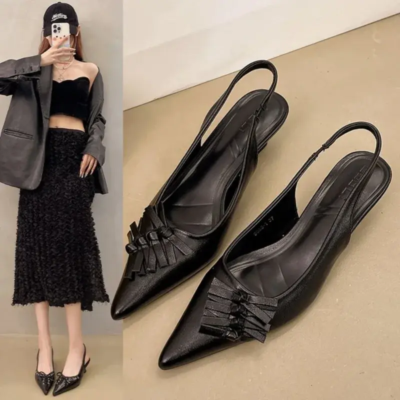 2025 New Summer French Black Pointed Bowknot Mid-heel Overhead Sandals for Women Elegance Skinny Heel Back Empty Shoes
