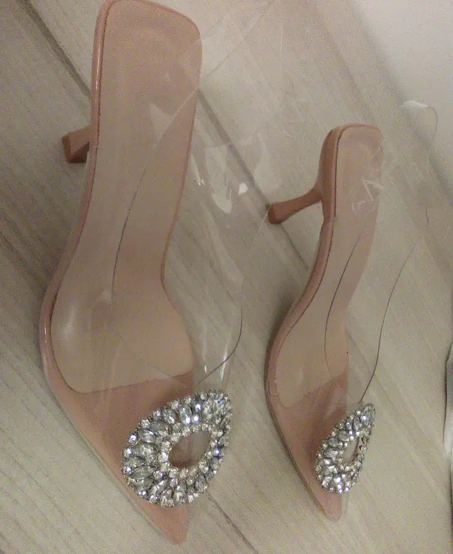 Women Sandals Beige Square Button Rhinestone Decorative Transparent High Heels Shoes 2023 Fashion Slingback Pumps Summer