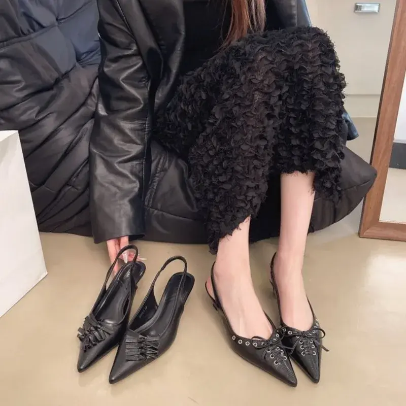 2025 New Summer French Black Pointed Bowknot Mid-heel Overhead Sandals for Women Elegance Skinny Heel Back Empty Shoes