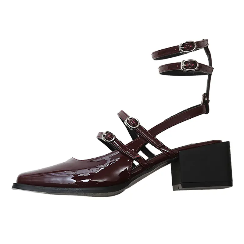 2025 Summer Design Women Sandal Fashion Narrow Band Dress Square Heel Shoes Ladies Outdoor Patent Leather Mary Jane Shoes
