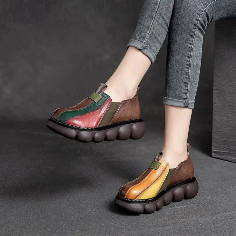 Autumn 2023 New Fashion Ethnic Style Retro Handmade Rainbow Color Female Leather Thick Sole Cake and Casual Shoes