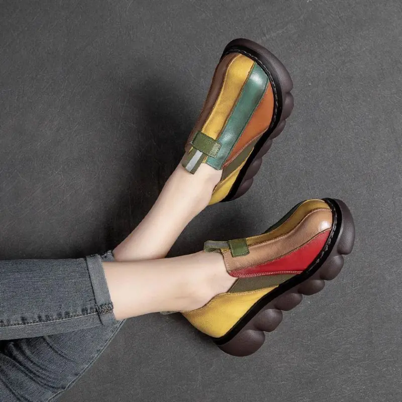 Autumn 2023 New Fashion Ethnic Style Retro Handmade Rainbow Color Female Leather Thick Sole Cake and Casual Shoes