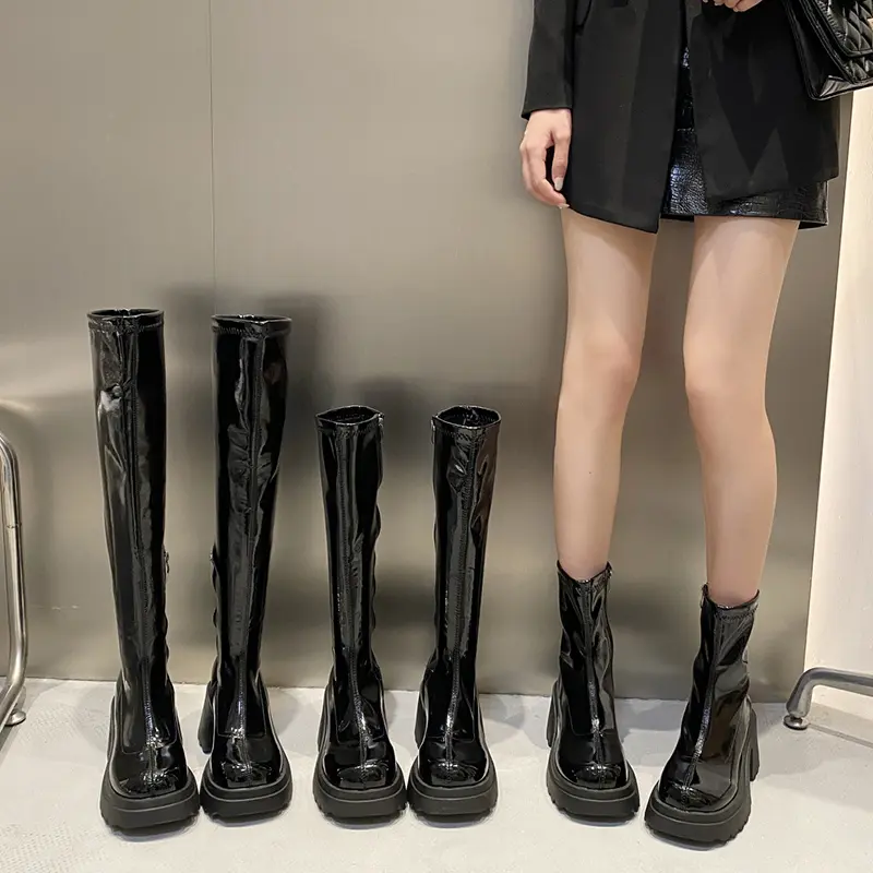 Chunky Platform Long Boots Women Patent Leather Thick High Heels Punk Shoes Woman 2023 Autumn Winter Short Plush Knee High Boots