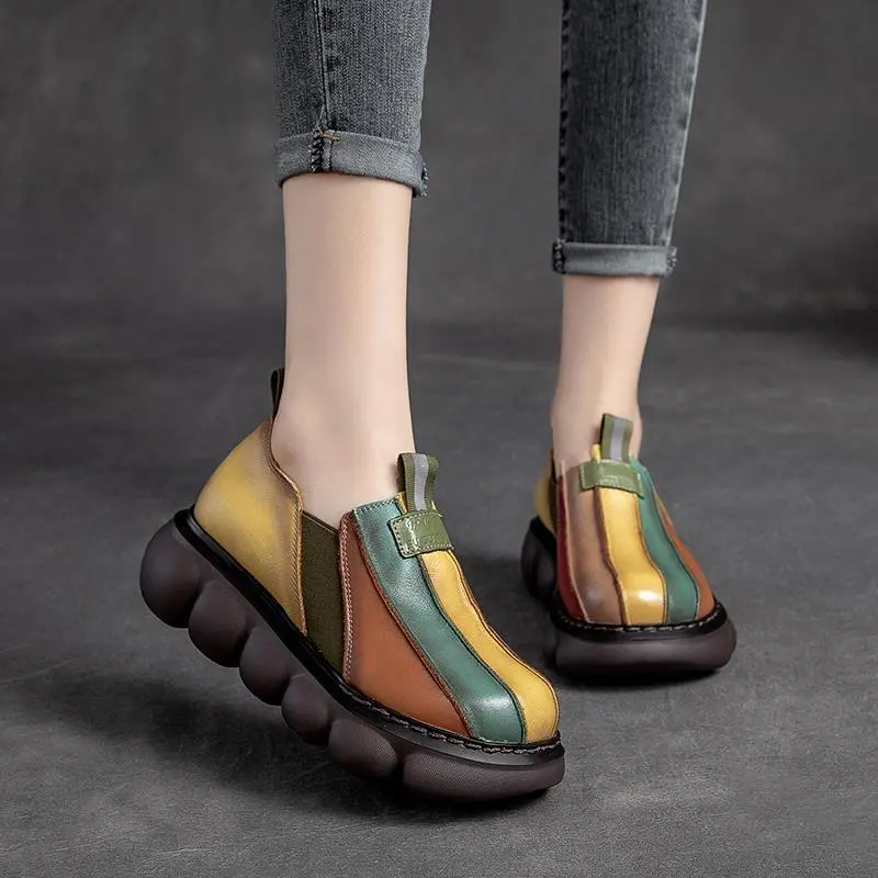 Autumn 2023 New Fashion Ethnic Style Retro Handmade Rainbow Color Female Leather Thick Sole Cake and Casual Shoes