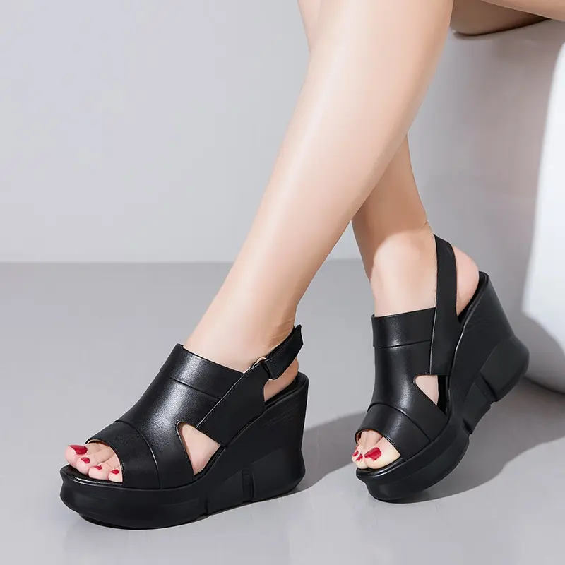 Genuine Leather Slippers for Women's Summer Shoes Large Size 41 Fashion Female Wedged Slides Small 33 High Heel Cowhide Sandals