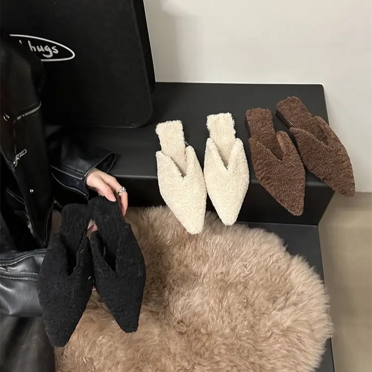 2024 Spring Woman Fur Mules Slippers Fashion  Slides Shoes Ladies Elegant Outdoor Street Style Low Heel Footwear