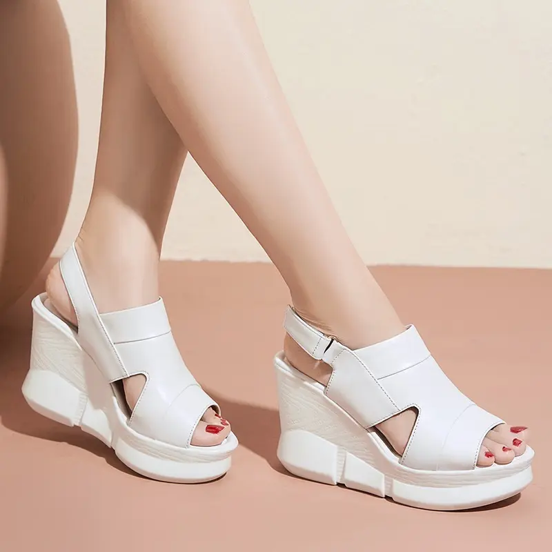 Genuine Leather Slippers for Women's Summer Shoes Large Size 41 Fashion Female Wedged Slides Small 33 High Heel Cowhide Sandals