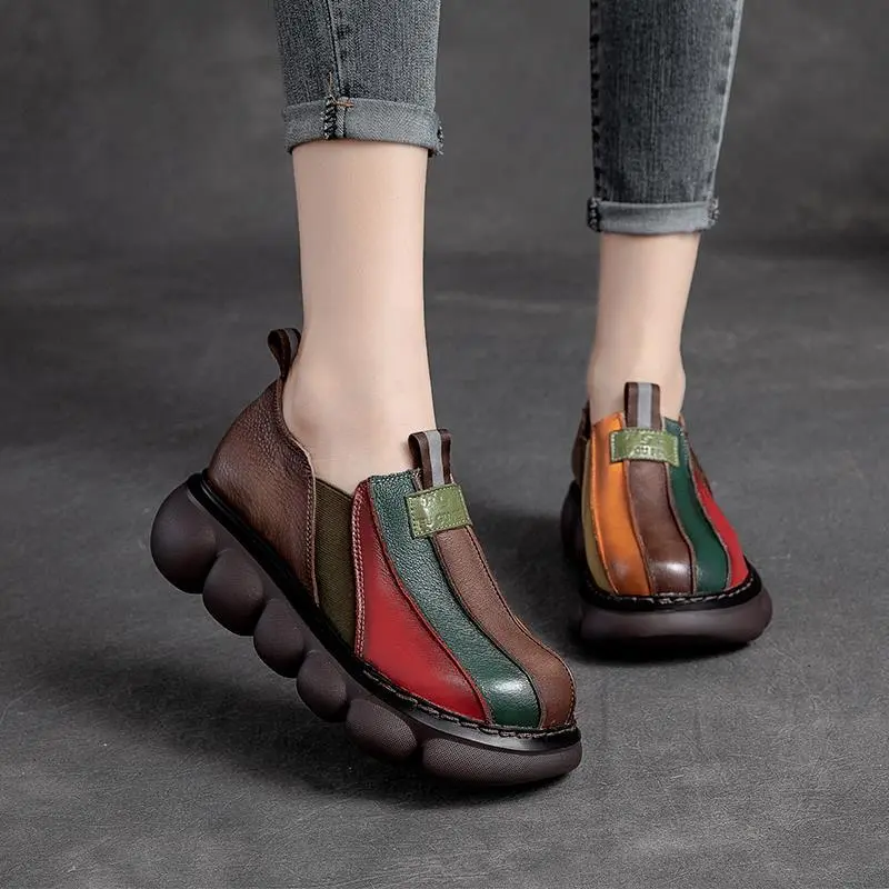 Autumn 2023 New Fashion Ethnic Style Retro Handmade Rainbow Color Female Leather Thick Sole Cake and Casual Shoes
