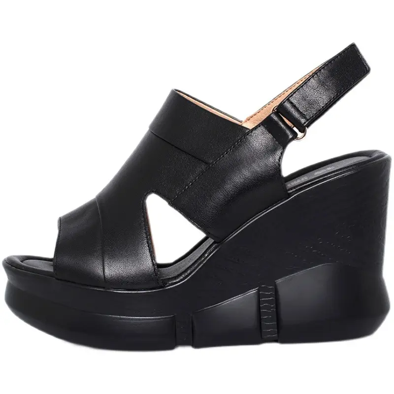 Genuine Leather Slippers for Women's Summer Shoes Large Size 41 Fashion Female Wedged Slides Small 33 High Heel Cowhide Sandals