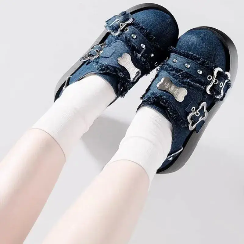 Punk Metal Chain Chunky Platform Ankle Boots Women 2024 Winter Y2K Thick Bottom Denim  Woman Black Gothic Lolita Shoes