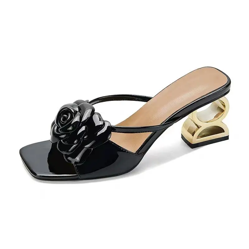 Women Shoes 2024 New Summer Fashion Flowers Black Beige Gold Dress Party Wedding Female Sandals Shoes Big Size 34-42