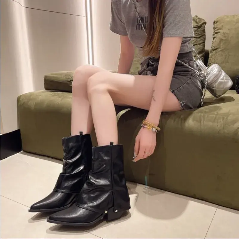 2024Brand Design Pointed Toe Square Heels  Winter High Botas Concise Office Ladies Shoes Pleated Silp-on Winter Boots