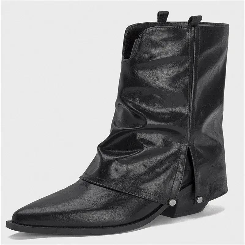 2024Brand Design Pointed Toe Square Heels  Winter High Botas Concise Office Ladies Shoes Pleated Silp-on Winter Boots