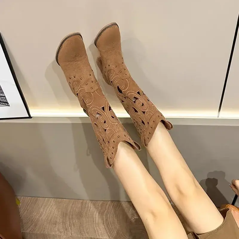 Hollow Embroidered Vintage Western Boots Women 2025 Autumn Chunky Heels Knee High Cowboy Boots Woman Pu Leather Knight Booties