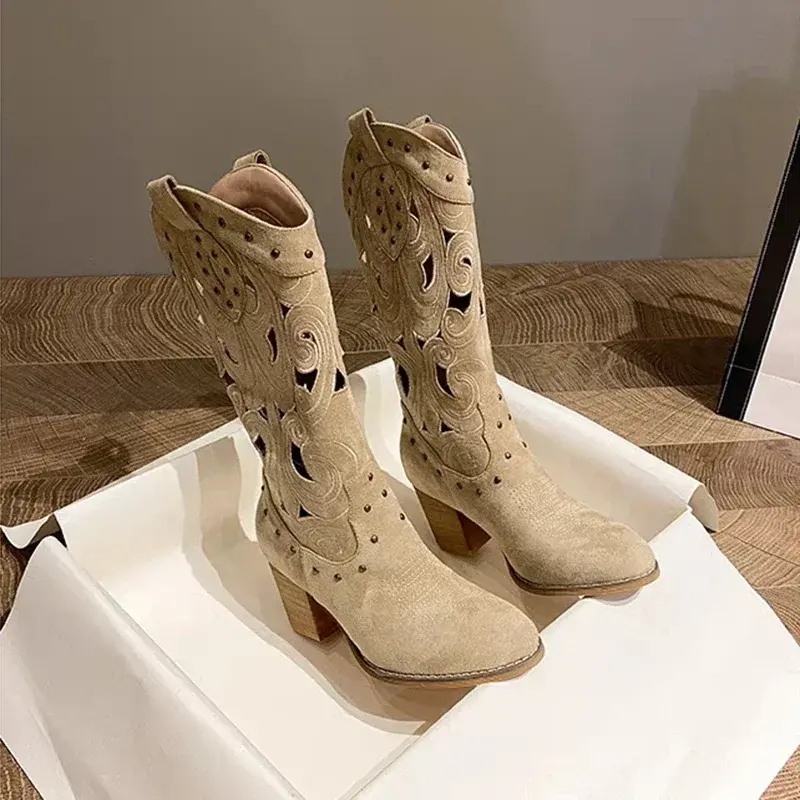 Hollow Embroidered Vintage Western Boots Women 2025 Autumn Chunky Heels Knee High Cowboy Boots Woman Pu Leather Knight Booties
