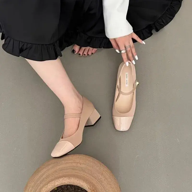 Thick Heel Mary Jane Single Shoes Women's New Spring French Mid Heel Evening Black Square Head Small Leather Shoes