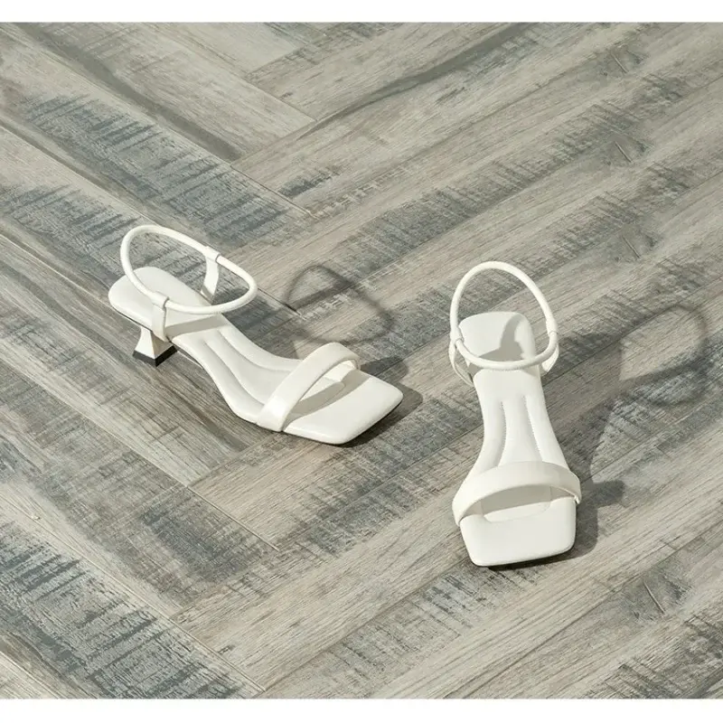 2024 New Black Ankle-Strap Buckle Sandals Summer Letter Rhinestone Square Toe Ladies Stiletto Heel High Heel Shoes