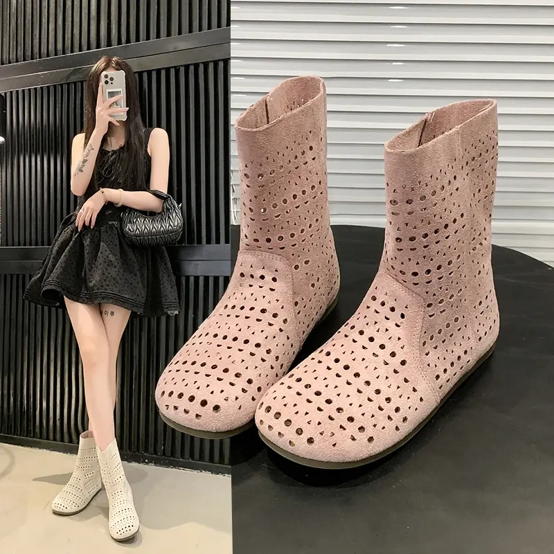 High quality breathable mesh summer women's flat ankle boots 2025 summer women's boots fashion lace boots 35-40