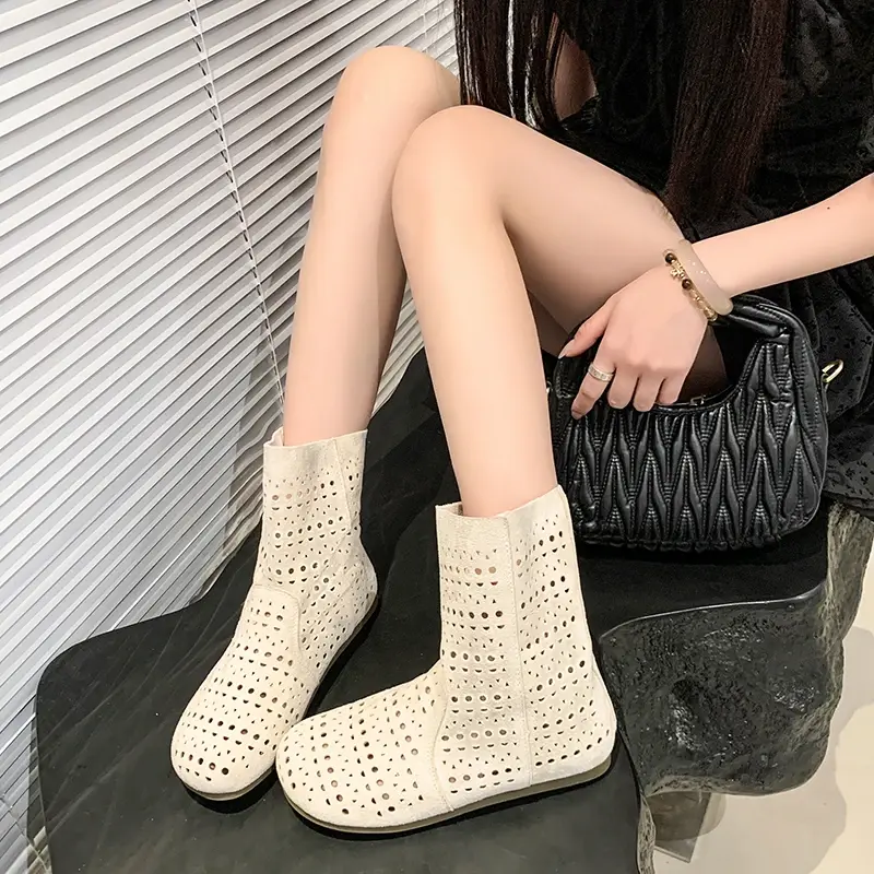 High quality breathable mesh summer women's flat ankle boots 2025 summer women's boots fashion lace boots 35-40