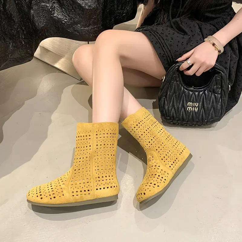 High quality breathable mesh summer women's flat ankle boots 2025 summer women's boots fashion lace boots 35-40