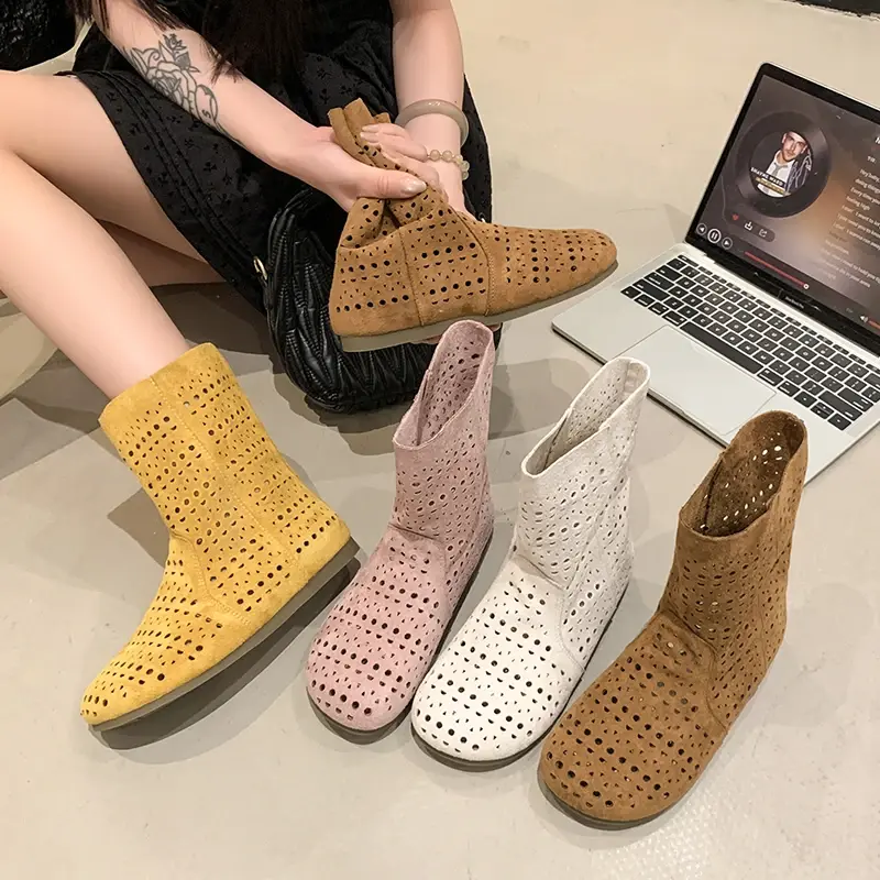 High quality breathable mesh summer women's flat ankle boots 2025 summer women's boots fashion lace boots 35-40