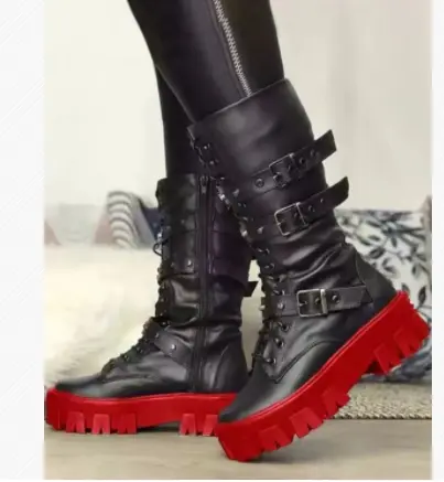 New Mid Calf Women Autumn Winter Fashion Lace-up Zipper Botas Mujer Boots Sports Platform Heel Ladies Shoes Knee High Boots