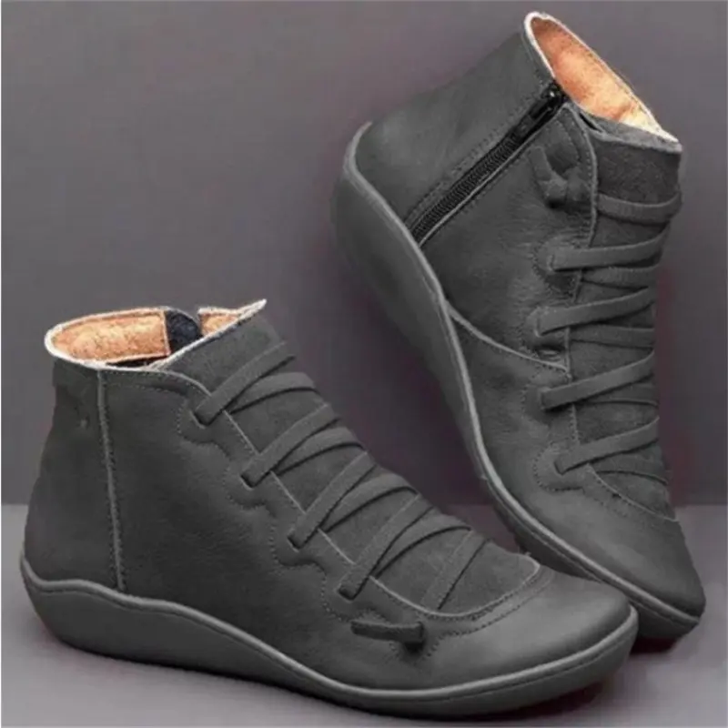 Winter Snow Genuine leather Ankle Spring flat Shoes woman Short Vintage Boots With Fur 2023 for women lace up boots