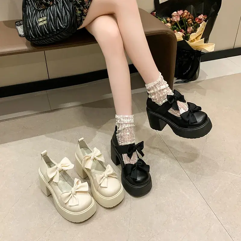 Bow Women High Heels Platform Marie Janes Shoes Elegant Autumn 2024 Lolita Dress Trend Party Chunky Mujer Zapatos Pumps Sandals
