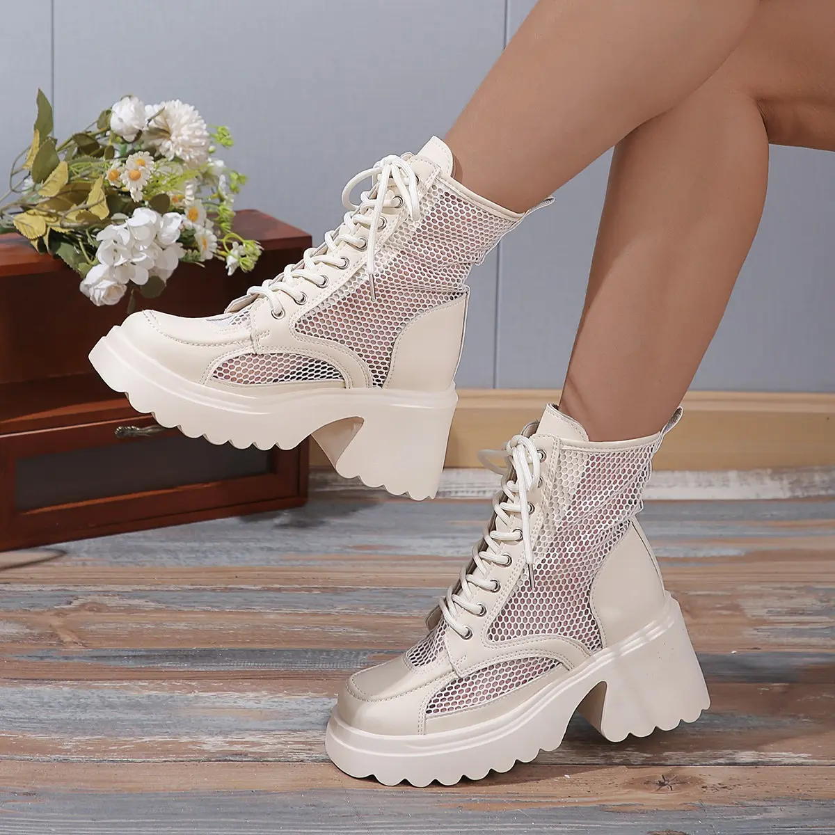 Summer New Fashion Thick High Heels Platform Cross-tied Sewing Cut Out Mesh Genuine Leather Women Ankle Short Modern Boots 2304