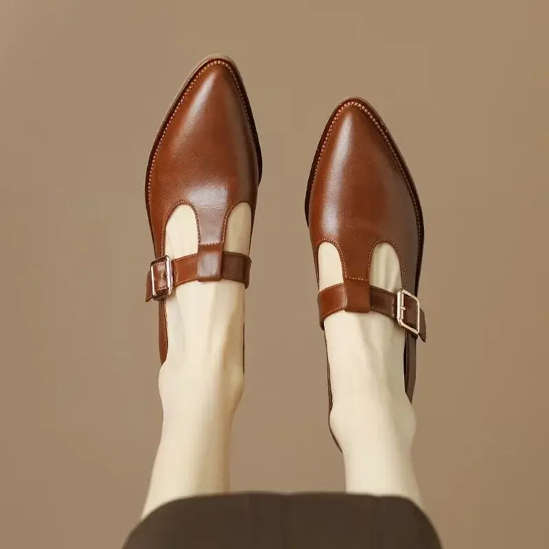 2024 New Fashion Round Toe Women Flats Shallow Mouth Mary Jane Women Flats Concise Ankle Strap Buckle Ladies Flat Shoes
