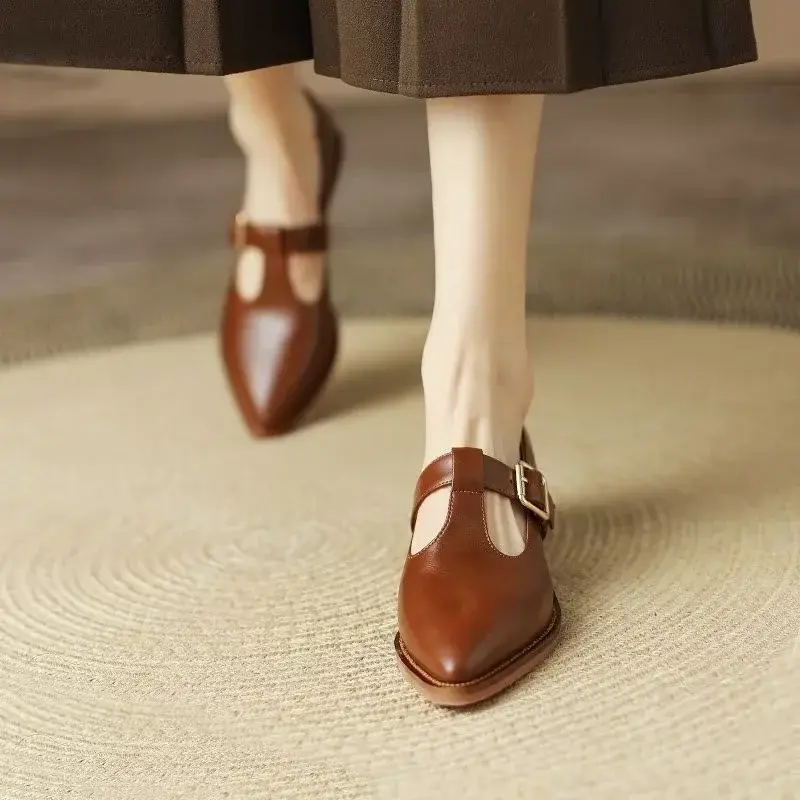 2024 New Fashion Round Toe Women Flats Shallow Mouth Mary Jane Women Flats Concise Ankle Strap Buckle Ladies Flat Shoes