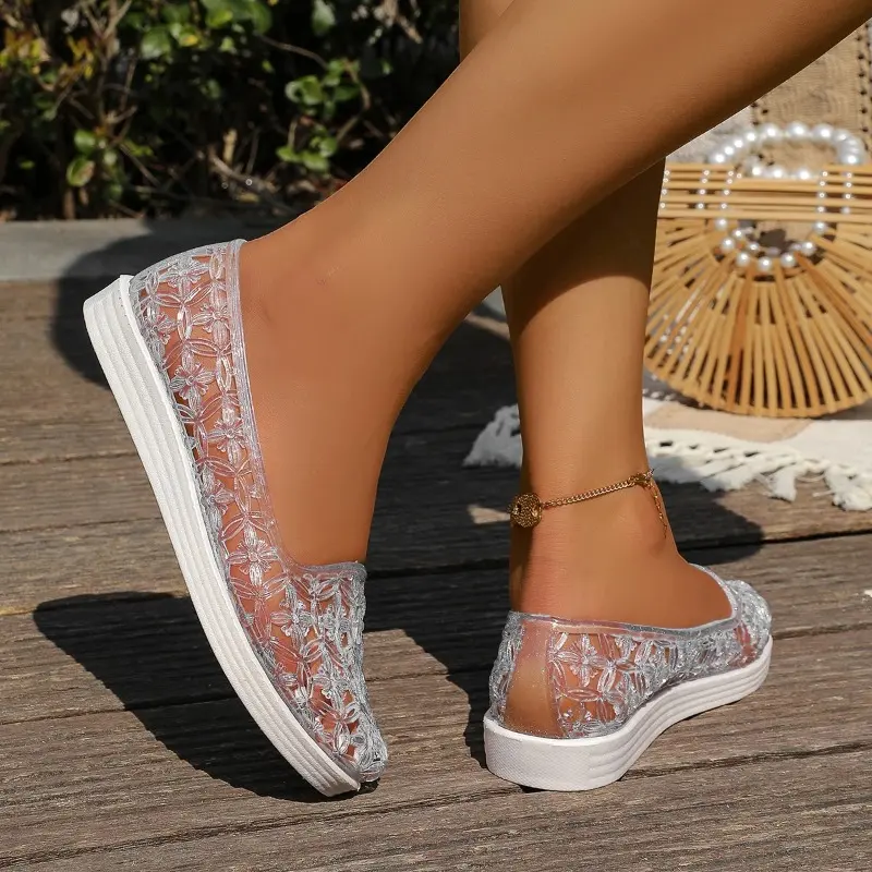 2025 Summer Women's Sandals Flat Women's Single Shoes Transparent Women's Beach Sandals Slip-on Hole Shoes