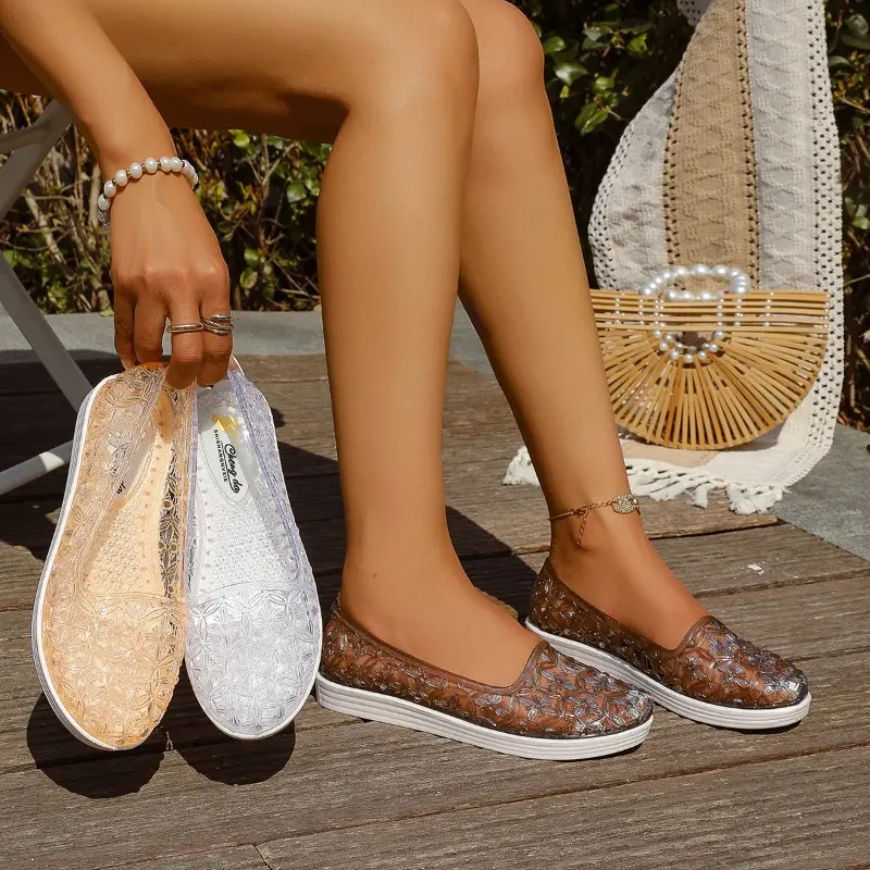 2025 Summer Women's Sandals Flat Women's Single Shoes Transparent Women's Beach Sandals Slip-on Hole Shoes
