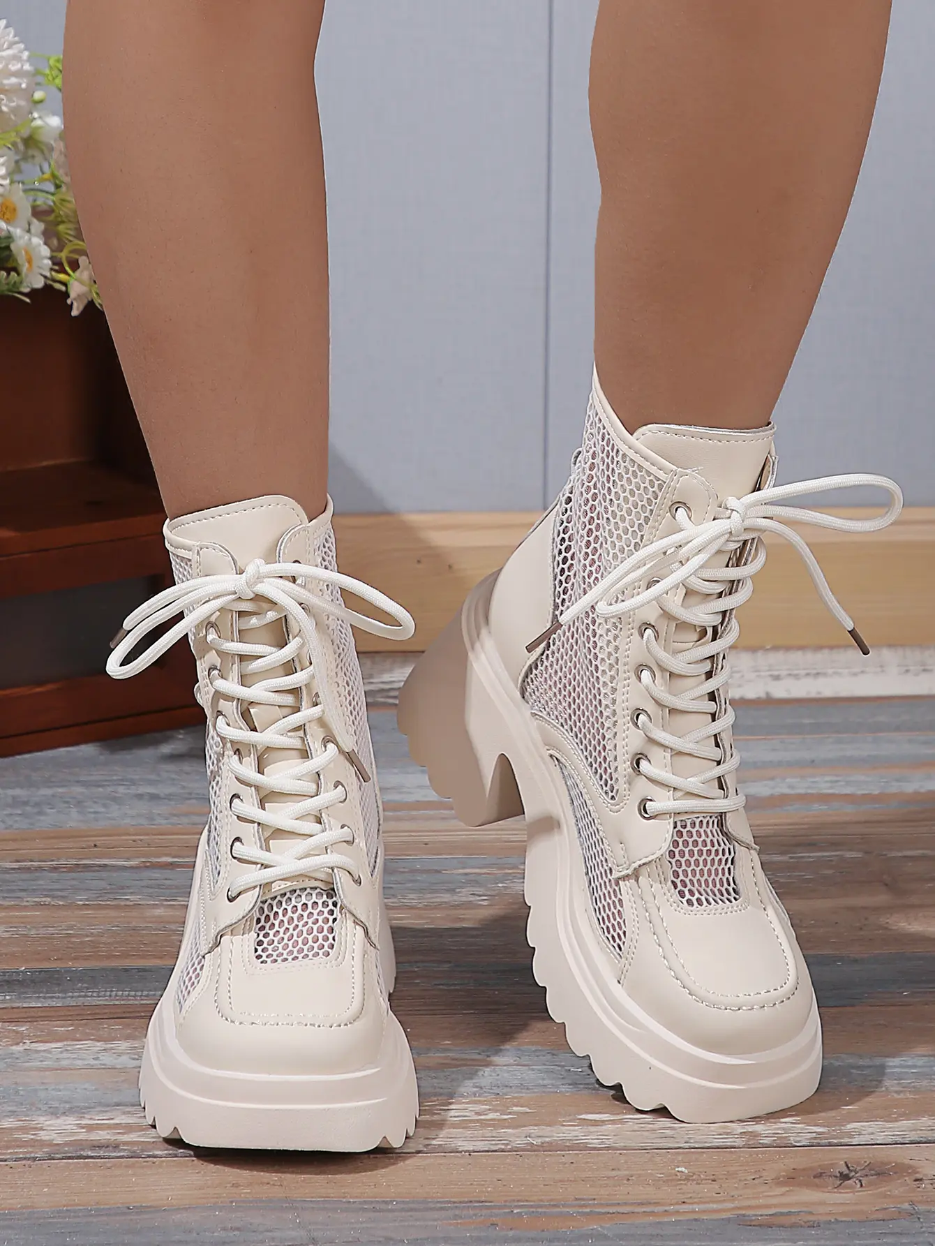 Summer New Fashion Thick High Heels Platform Cross-tied Sewing Cut Out Mesh Genuine Leather Women Ankle Short Modern Boots 2304
