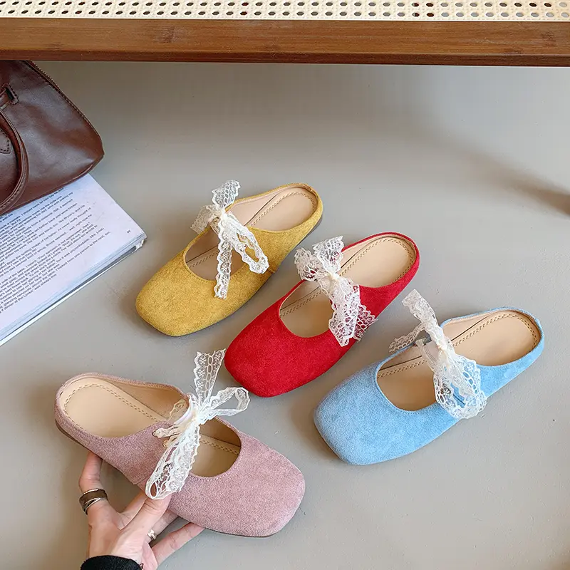 Flats Lace Women Slippers Casual Mules Shoes Square Toe Sandals 2025 Summer Dress Slingback Shoes Flip Flop Pantuflas Mujer