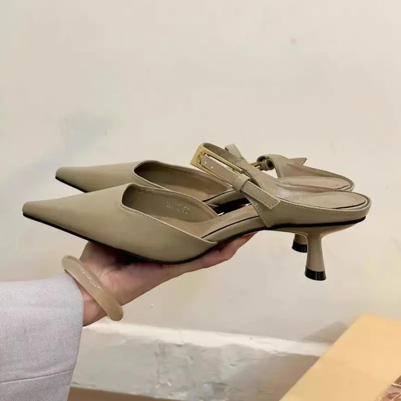 Women Heeled Slippers Pointed Toe Mid Heels Shoes Designer Elegant Pumps 2025 New Fashion Brand Summer Buckle Zapatillas Mujer