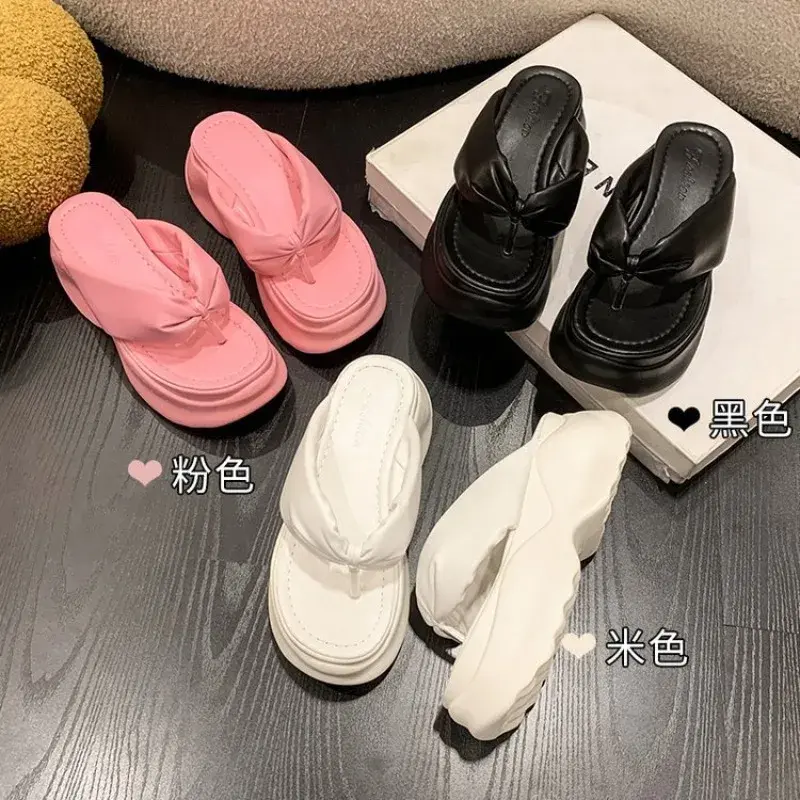 Summer Women Slippers Ladies Beach Flip-Flops Chunky Leather Shoes Wedge Heels Outside Sandals Woman Platform Comfortable Slides