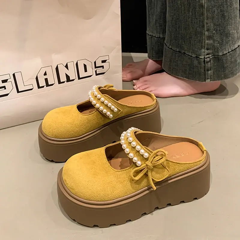 Shoes Woman 2025 Cover Toe Loafers String Bead Butterfly-Knot House Slippers Platform Luxury Slides Designer Butterfly-knot