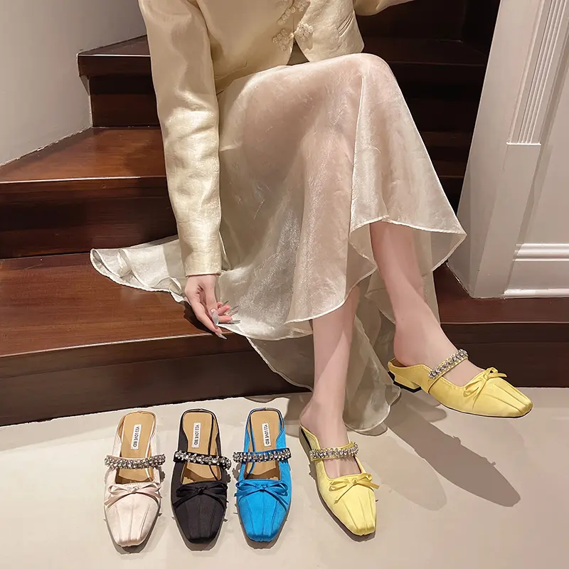 Women's Summer Fashion Low Heel Mules Square Toe Slip-On Dress Slides Comfortable Slippers for Party And Casual Wear