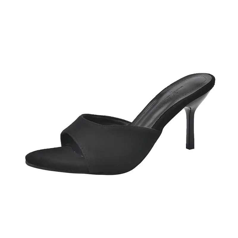 Elegant Suede Stilettos Slippers Women Round Toe Thin Heels Slip on Shoes Summer Outdoor Garment Dress Sandals for Girl