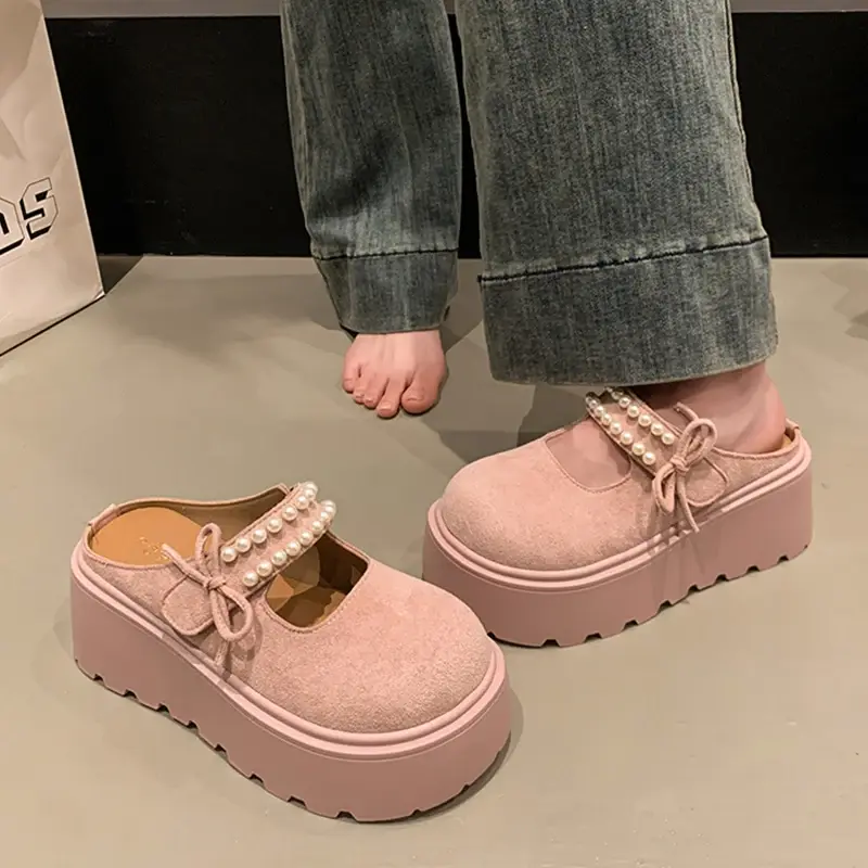 Shoes Woman 2025 Cover Toe Loafers String Bead Butterfly-Knot House Slippers Platform Luxury Slides Designer Butterfly-knot