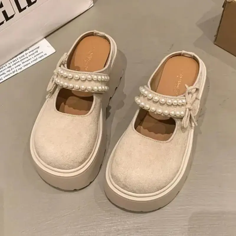 Shoes Woman 2025 Cover Toe Loafers String Bead Butterfly-Knot House Slippers Platform Luxury Slides Designer Butterfly-knot