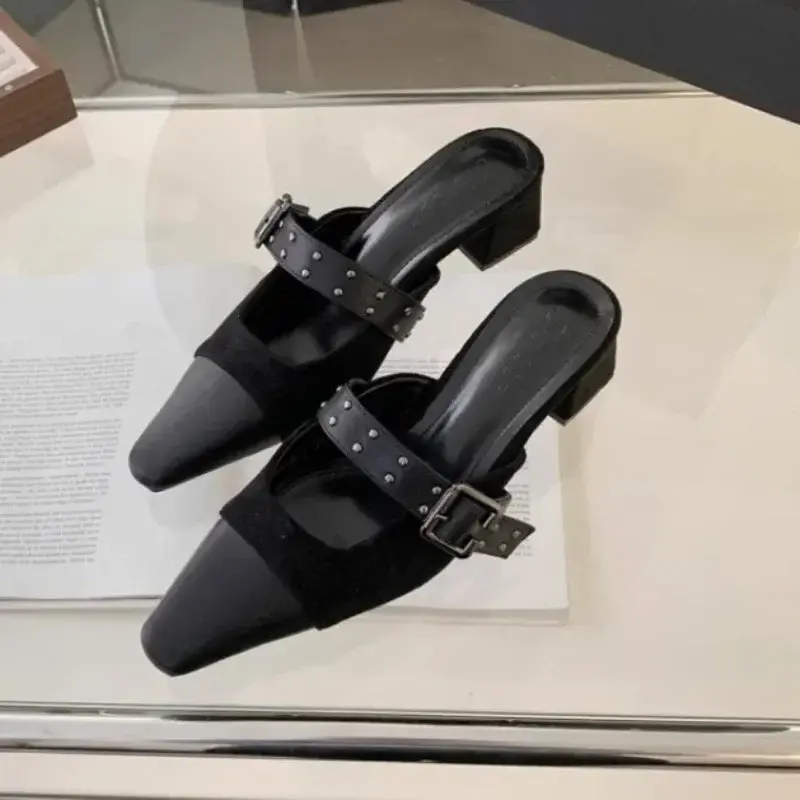 Womens Slippers with Brown/Black Middle Heel Close Toes Belt Buckle Non Slip Versatile 2025 Summer Outdoor PU Fashion Slippers