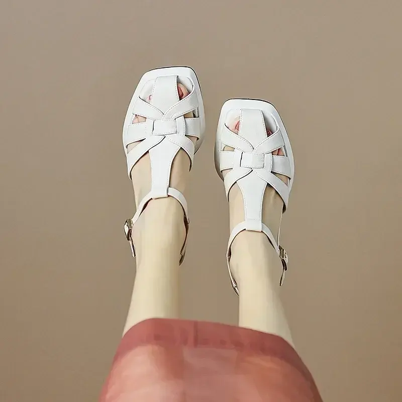 New Thick Heel Romen Sandals Women High Heel Leather Shoes Retro Weave Hollow Platform British Style Female Shoes 2024