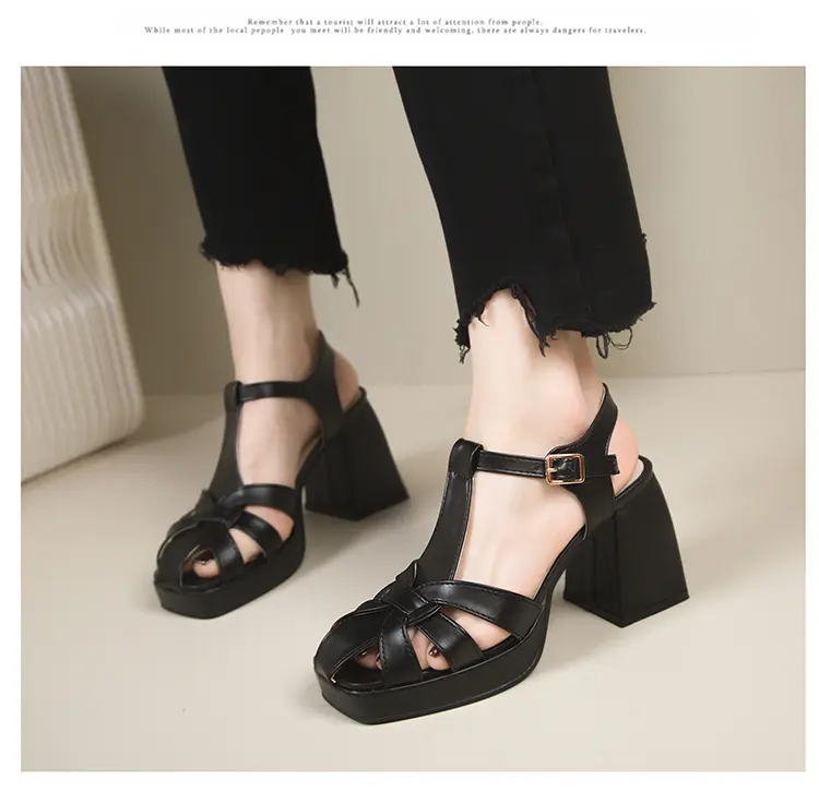 New Thick Heel Romen Sandals Women High Heel Leather Shoes Retro Weave Hollow Platform British Style Female Shoes 2024