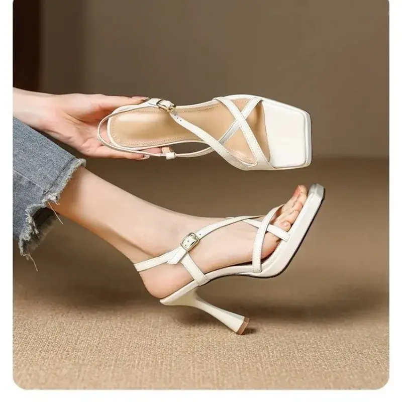 Women's pu Band Cross Strap Kitten Heel Open Toe Sandals Elegant Ladies Slim Daily Dress Pumps Plus Size 34-39 Shoes Hot