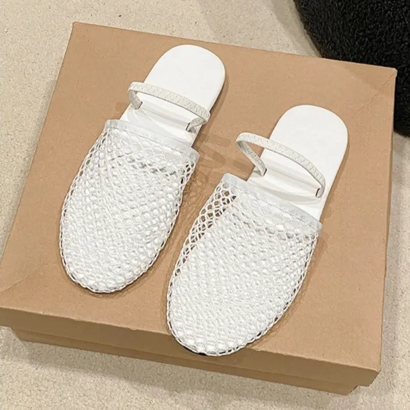 Round Headed Niche Fish Mesh Hollow Ballet Shoes for Women's Summer New Fashionable Flat Bottomed Belt Buckle Sandals