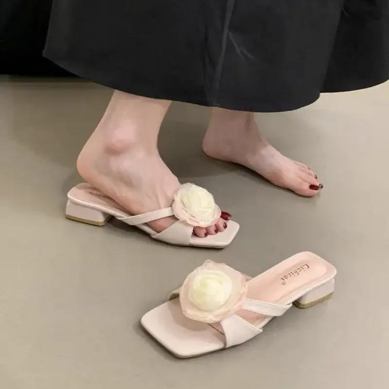 Women's Slippers French Pink Temperament Flip-flops Fairy Shoes Fashion Outside Wear 2025 New Summer New Chinese Flower Sandals