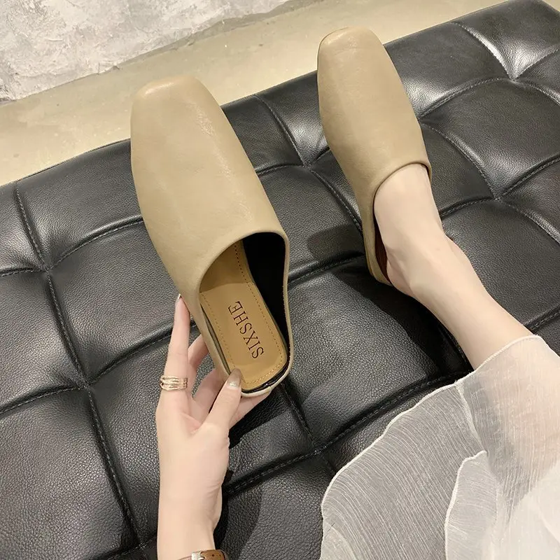 Shoes Woman's Slippers Slides Cover Toe Female Mule Low Loafers 2025 Mules Flat Square Rubber Fabric Fretwork Hoof Heels PU