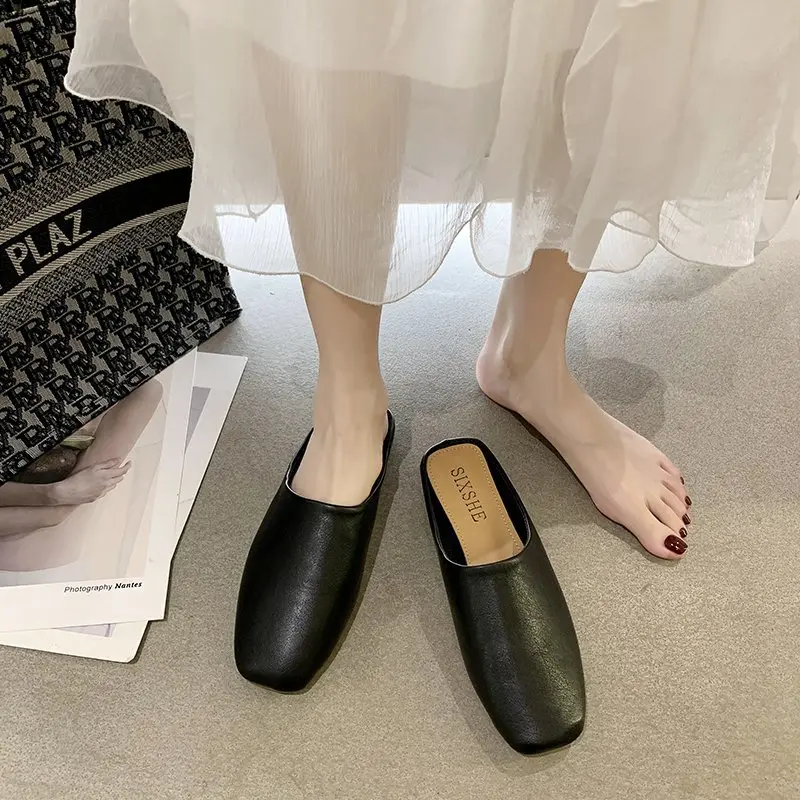 Shoes Woman's Slippers Slides Cover Toe Female Mule Low Loafers 2025 Mules Flat Square Rubber Fabric Fretwork Hoof Heels PU
